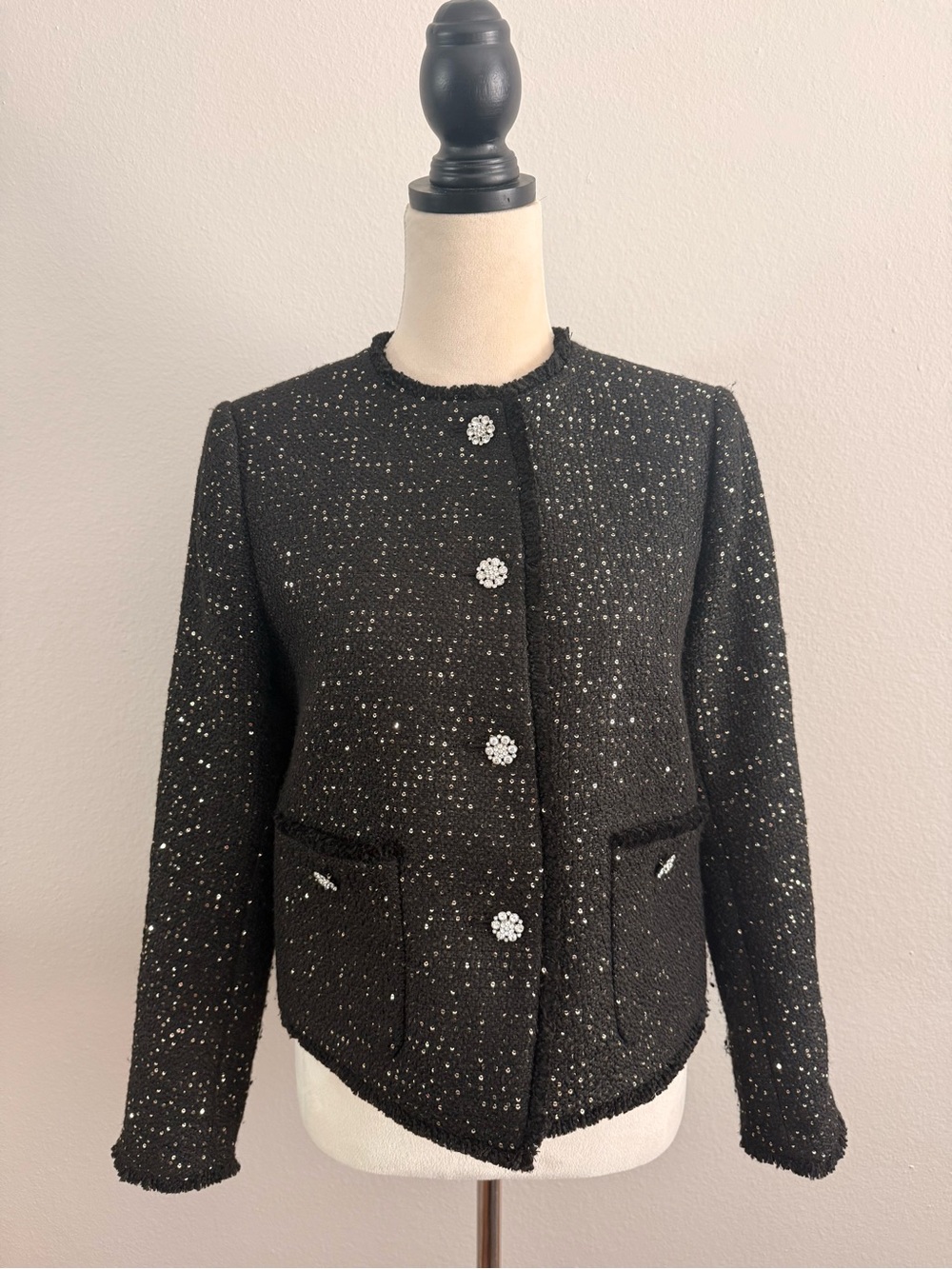 Ann Taylor Sequin Fringe Black Tweed Patch Pocket Women’s Jacket